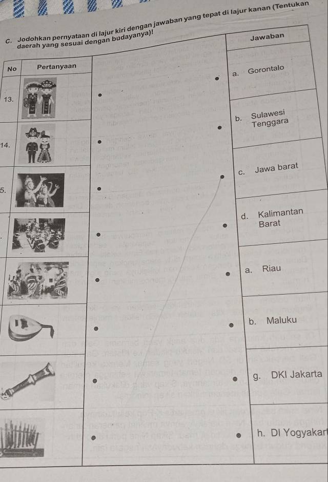 Joaan di lajur kiri dengan jawaban yang tepat di Iajur kanan (Tentukan
Jawaban
daengan budayanya)!
No
a. Gorontalo
13.
b. Sulawesi
Tenggara
14.
c. Jawa barat
5.
d. Kalimantan
Barat
a. Riau
b. Maluku
g. DKI Jakarta
h. DI Yogyakar