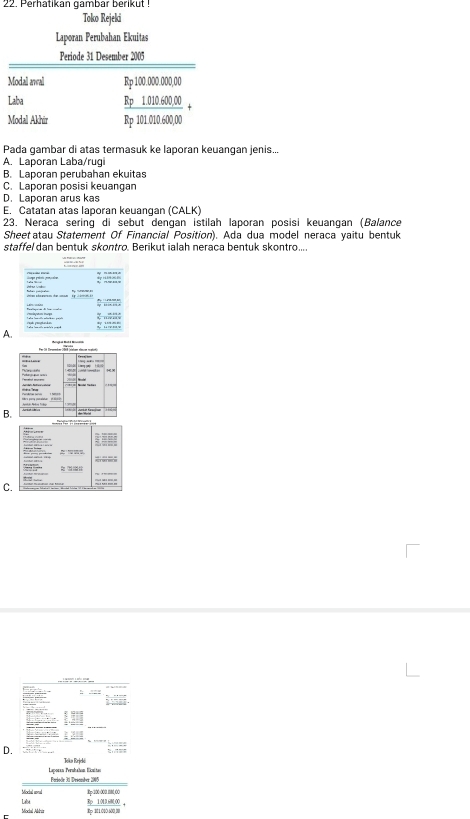 Perhatikan gambar berikut !
Toko Rejeki
Laporan Perubahan Ekuitas
Pada gambar di atas termasuk ke laporan keuangan jenis...
A. Laporan Laba/rugi
B. Laporan perubahan ekuitas
C. Laporan posisi keuangan
D. Laporan arus kas
E. Catatan atas laporan keuangan (CALK)
23. Neraca sering di sebut dengan istilah laporan posisi keuangan (Balance
Sheet atau Statement Of Financial Position). Ada dua model neraca yaitu bentuk
staffel dan bentuk skontro. Berikut ialah neraca bentuk skontro....
A.
B
C
    
=
D. ;;;;;