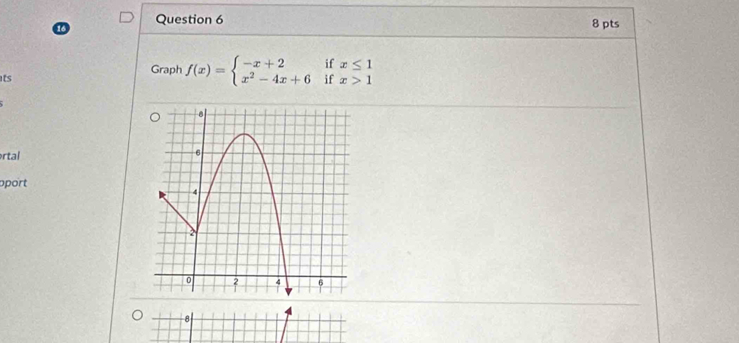 its 
Graph f(x)=beginarrayl -x+2ifx≤ 1 x^2-4x+6ifx>1endarray.
ortal 
pport 
8