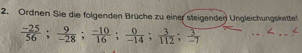 Ordnen Sie die folgenden Brüche zu einer steigenden Ungleichungskette!
 (-25)/56 ;  9/-28 ;  (-10)/16 ;  0/-14 ;  3/112 ;  3/-7 