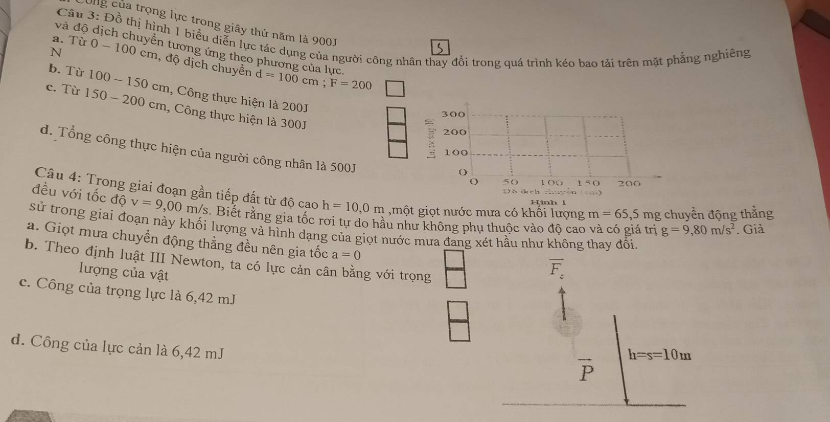 cong của trọng lực trong giây thứ năm là 9001
Cầu 3: Đồ thị hình 1 biểu diễn lực tác dụng của người công nhân thay đổi trong quá trình kéo bao tải trên mặt phẳng nghiêng
và độ dịch chuyển tương ứng theo phương của lực
N
a. Từ 0 - 100 cm, độ dịch chuyển d=100cm;F=200
b. Tù 100-150cm 1, Công thực hiện là 200J
c. Từ 150-200cm , Công thực hiện là 300J
d. Tổng công thực hiện của người công nhân là 500J
Câu 4: Trong giai đoạn gần tiếp đất từ độ cao h=10,0m ,một giọt nước mưa có khối lượng m=65,5 ,  mg chuyển động thắng
Hình l
đều với tốc độ v=9,00m/ Vs. Biết rằng gia tốc rơi tự do hầu như không phụ thuộc vào độ cao và có giá trị g=9,80m/s^2. Giả
sử trong giai đoạn này khối lượng và hình dạng của giọt nước mưa đang xét hầu như không thay đổi
a. Giọt mưa chuyển động thẳng đều nên gia tốc a=0
b. Theo định luật III Newton, ta có lực cản cân bằng với trọng
lượng của vật
overline F_z
c. Công của trọng lực là 6,42 mJ
d. Công của lực cản là 6,42 mJ
h=s=10m
vector P