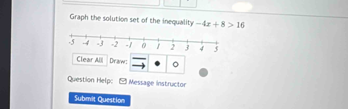 Graph the solution set of the inequality -4x+8>16
Clear All Draw: 。 
Question Help: Message instructor 
Submit Question