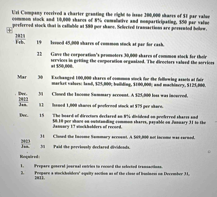 Uzi Company received a charter granting the right to issue 200,000 shares of $1 par value 
common stock and 10,000 shares of 8% cumulative and nonparticipating, $50 par value 
preferred stock that is callable at $80 per share. Selected transactions are presented below. 
+
 2021/Feb.  19 Issued 45,000 shares of common stock at par for cash. 
22 Gave the corporation’s promoters 30,000 shares of common stock for their 
services in getting the corporation organized. The directors valued the services 
at $50,000. 
Mar 30 Exchanged 100,000 shares of common stock for the following assets at fair 
market values: land, $25,000; building, $100,000; and machinery, $125,000. 
Dec. 31 Closed the Income Summary account. A $25,000 loss was incurred.
 2022/Jan.  12 Issued 1,000 shares of preferred stock at $75 per share. 
Dec. 15 The board of directors declared an 8% dividend on preferred shares and
$0.10 per share on outstanding common shares, payable on January 31 to the 
January 17 stockholders of record. 
31 Closed the Income Summary account. A $69,000 net income was earned.
 2023/Jan.  31 Paid the previously declared dividends. 
Required: 
1. Prepare general journal entries to record the selected transactions. 
2. Prepare a stockholders’ equity section as of the close of business on December 31, 
2022.