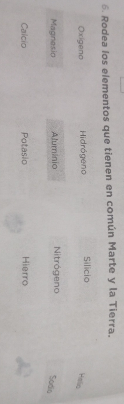 Rodea los elementos que tienen en común Marte y la Tierra.
Silicio
Oxígeno Hidrógeno Helio
Magnesio Aluminio Nitrógeno
Sodio
Calcio Potasio Hierro