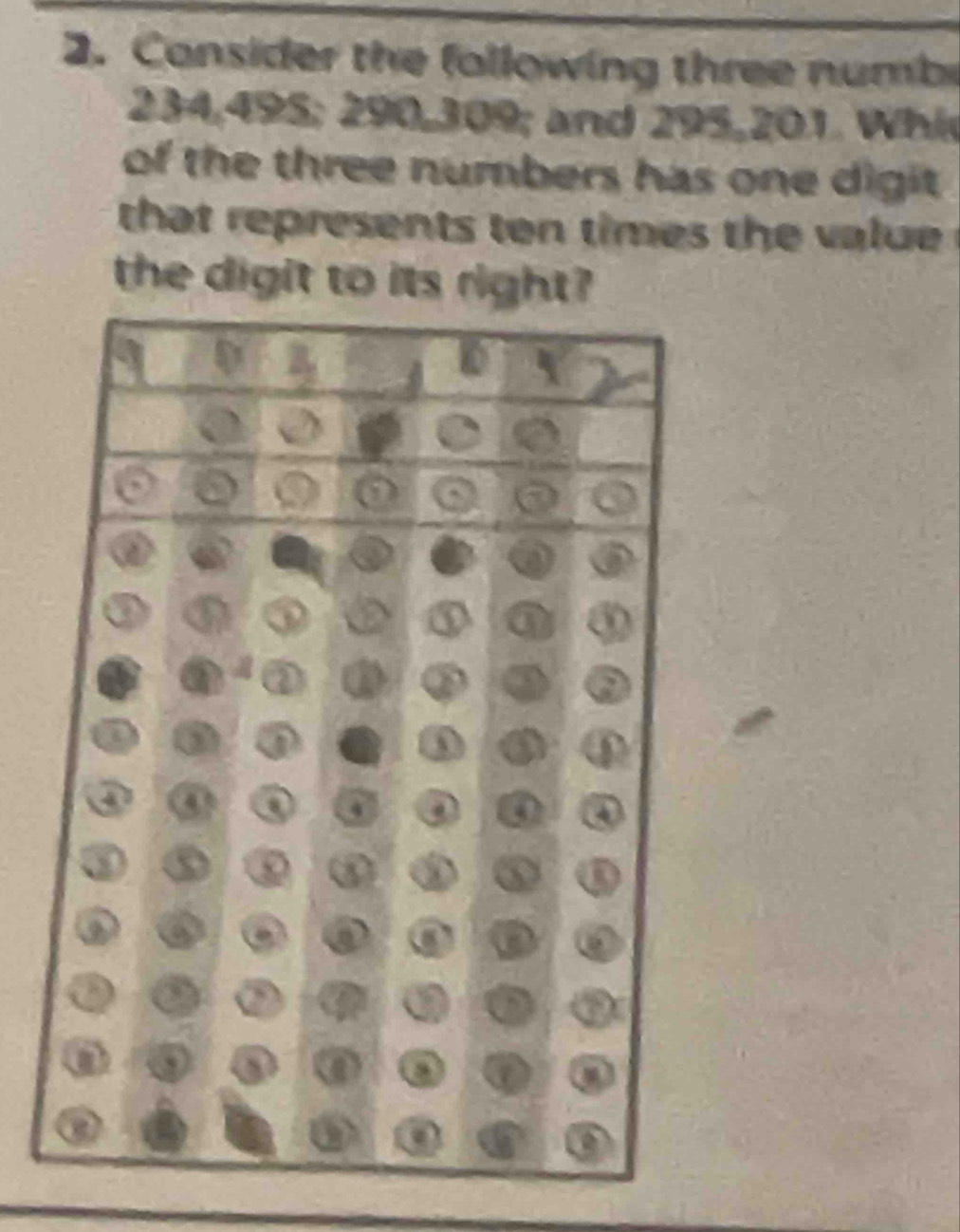 Consider the following three numb
234, 495; 290, 309; and 295, 201. Whi 
of the three numbers has one digit 
that represents ten times the value 
the digit to its right?