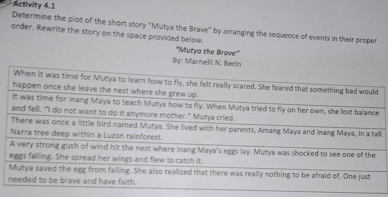 Activity 4.1 
Determine the plot of the short story “Mutya the Brave” by arranging the sequence of events in their proper 
order. Rewrite the story on the space provided below. 
“Mutya the Brave” 
By: Ma 
l