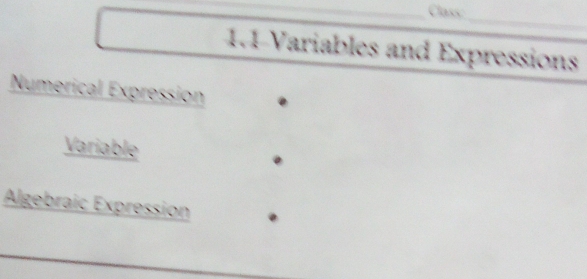 Class:
_
1.1 Variables and Expressions
Numerical Expression
Variable
Algebraic Expression