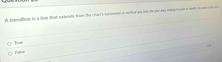 A trendline is a line that extends from the chart's horizontal or vertical axis into the plot area, making it easier to identify the values in the chart
True
21
False