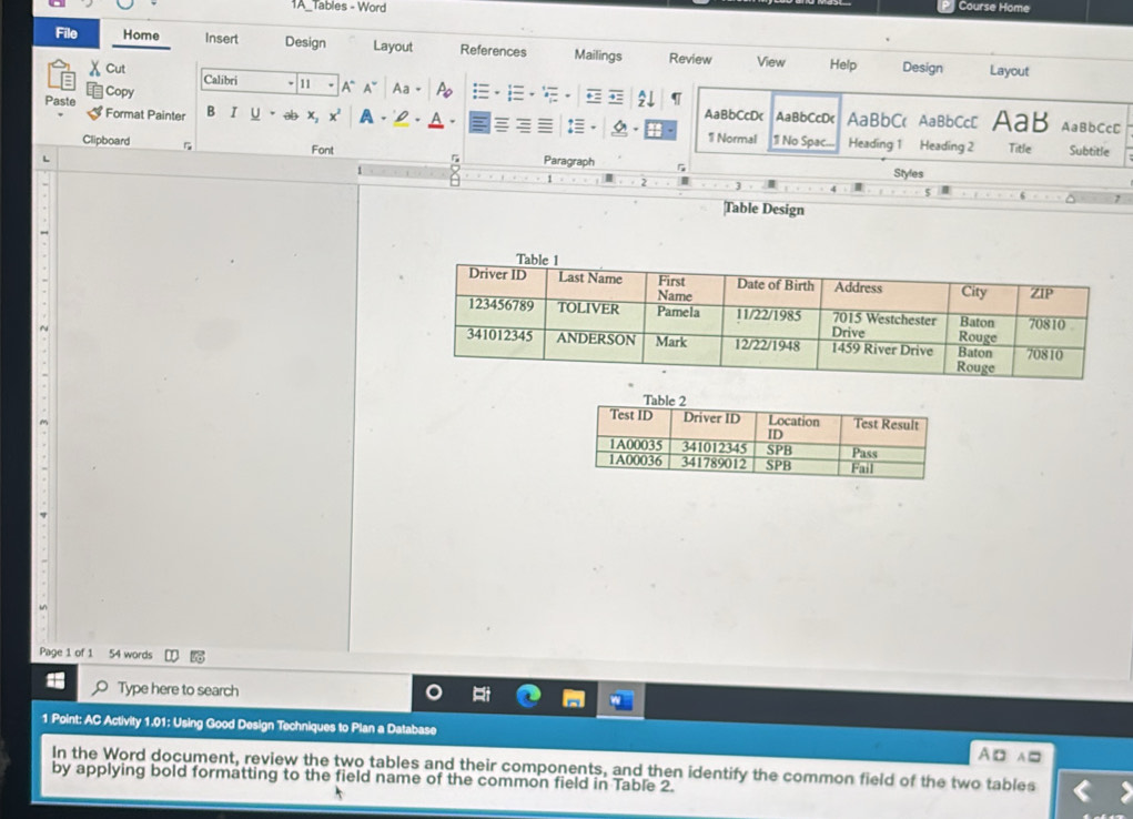 Solved: 1A_Tables - Word Course Home File Home Insert Design Layout ...