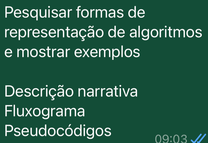 Pesquisar formas de 
representação de algoritmos 
e mostrar exemplos 
Descrição narrativa 
Fluxograma 
Pseudocódigos
09:03 w