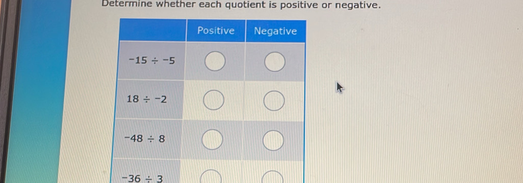 Determine whether each quotient is positive or negative.
-36/ 3