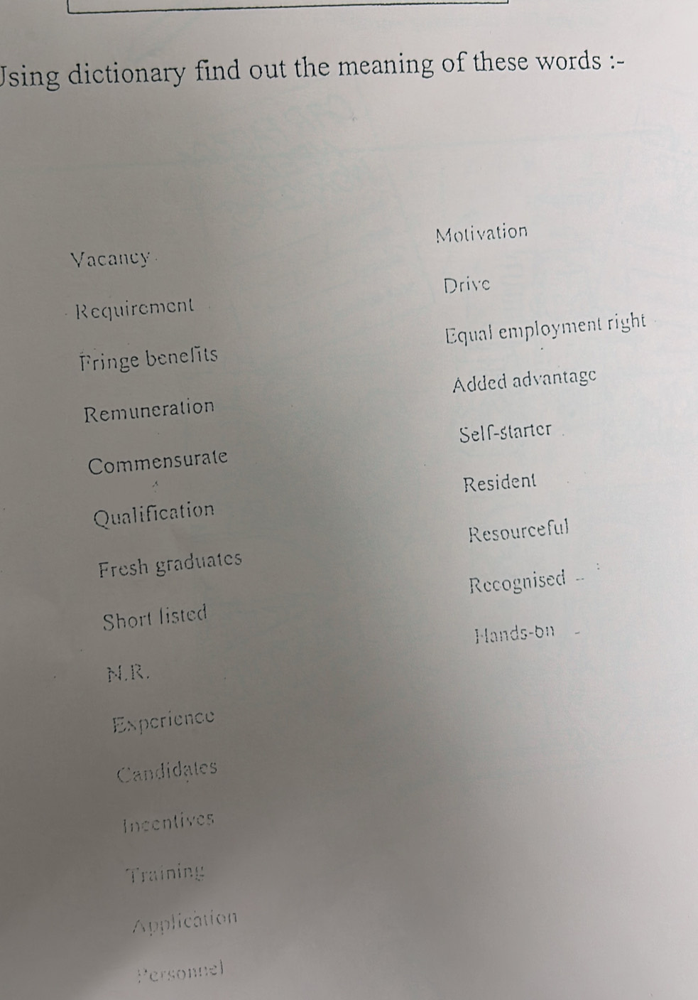 Using dictionary find out the meaning of these words :-
Motivation
Vacancy
Drive
Requirement
Fringe benelts Equal employment right
Remuneration Added advantag
Commensurate Self-starter
Qualification Resident
Fresh graduates Resourceful
Recognised .
Short listed
Hands-bn
N.R.
Experience
Candidates
Incentives
Training
Application
Personnel