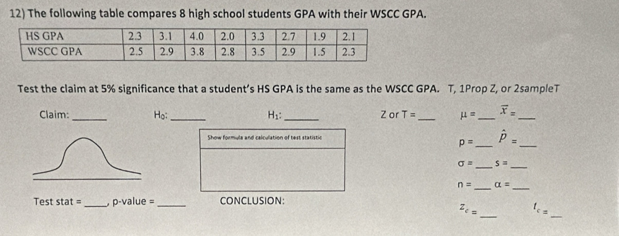 The following table compares 8 high school students GPA with their WSCC GPA. 
Test the claim at 5% significance that a student’s HS GPA is the same as the WSCC GPA. T, 1Prop Z, or 2sampleT
Claim: _ H_0._ H_1 : _ Z or T= _ mu = _ overline x= _ 
Show formula and calculation of test statistic hat P=
p= _ 
_
sigma = _ s=
_
n= _ alpha = _ 
Test stat= _ p-Valu = _  CONCLUSION: 
_ 
_
z_c=
t_c=