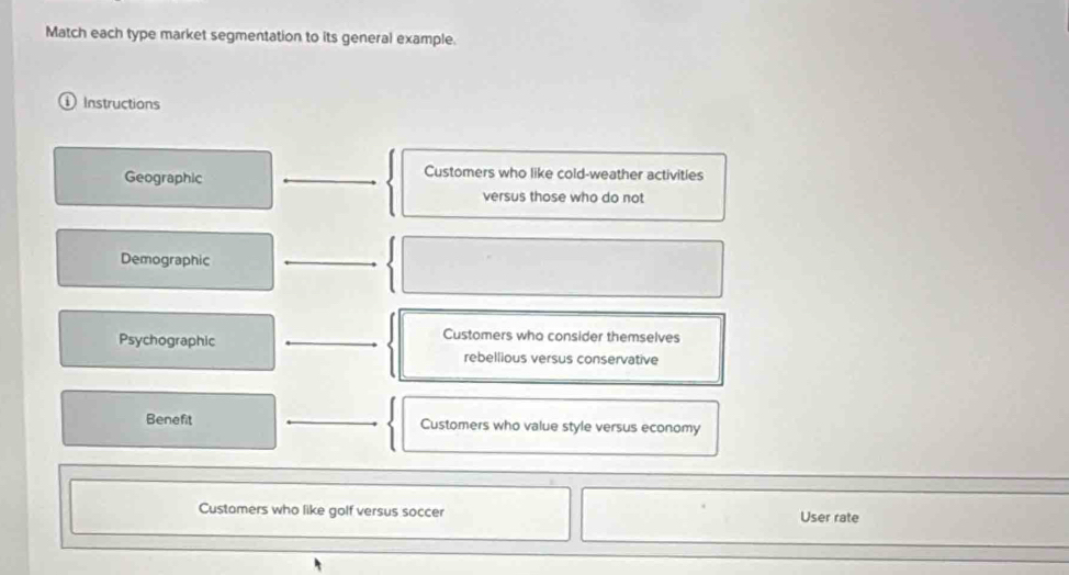 Match each type market segmentation to its general example.
① Instructions
Geographic _Customers who like cold-weather activities
versus those who do not
Demographic_
Customers who consider themselves
Psychographic _rebellious versus conservative
Benefit _Customers who value style versus economy
Customers who like golf versus soccer User rate