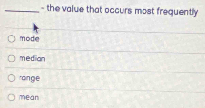 the value that occurs most frequently
mode
median
range
mean