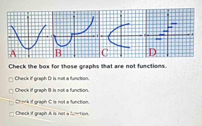 Check the box for those graphs that are not functions.
Check if graph D is not a function.
Check if graph B is not a function.
Check if graph C is not a function.
Check if graph A is not a function.