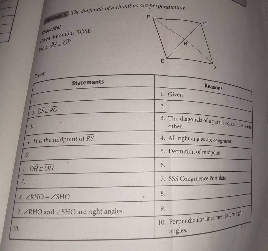 Theorem3. The diagonals of a rhombus are perpendicular.
Show Me!
Given: Rhombus ROSE 
Prove: overline RS⊥ overline OE