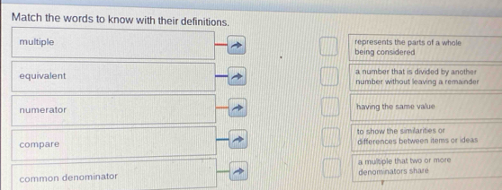 Match the words to know with their definitions.
multiple being considered represents the parts of a whole
a number that is divided by another
equivalent number without leaving a remainder
numerator having the same value
to show the similarities or
compare differences between items or ideas
common denominator denominators share a multiple that two or more