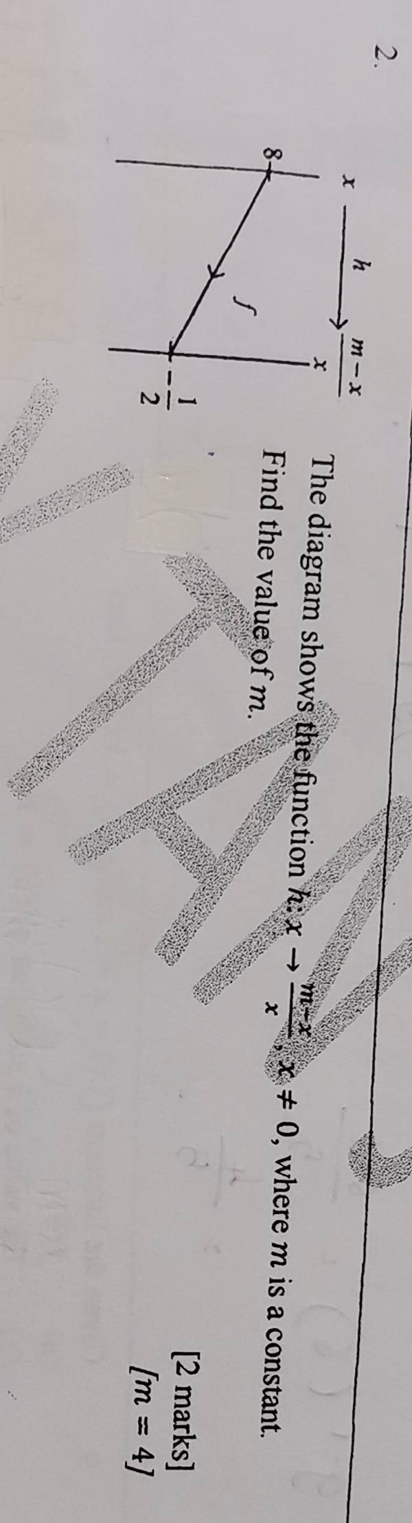 The diagram shows the function h:xto  (m-x)/x ,x!= 0 , where m is a constant.
Find the value of m.
[2 marks]
[m=4]