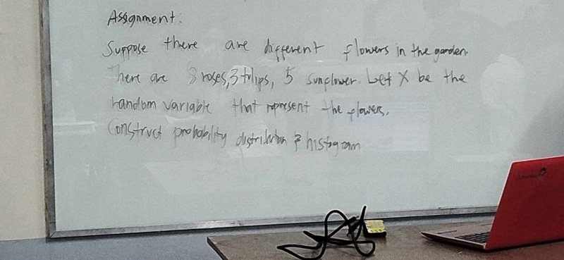 Assgnment. 
Suppose there are different flowers in the garden 
Thert are 3 roses, 3trlps, 5 somelower. Let X be the 
random variable that ropesent the flowers, 
Construct probobality dusrilwion T histgcam