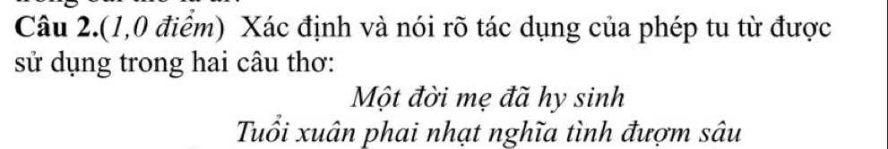 Câu 2.(1,0 điểm) Xác định và nói rõ tác dụng của phép tu từ được 
sử dụng trong hai câu thơ: 
Một đời mẹ đã hy sinh 
Tuổi xuân phai nhạt nghĩa tình đượm sâu