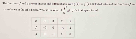 The functions f and g are continuous and differentiable with g(x)=f'(x). Selected values of the functions f and
g are shown in the table below. What is the value of ∈t _0^9g(x)dx in simplest form?