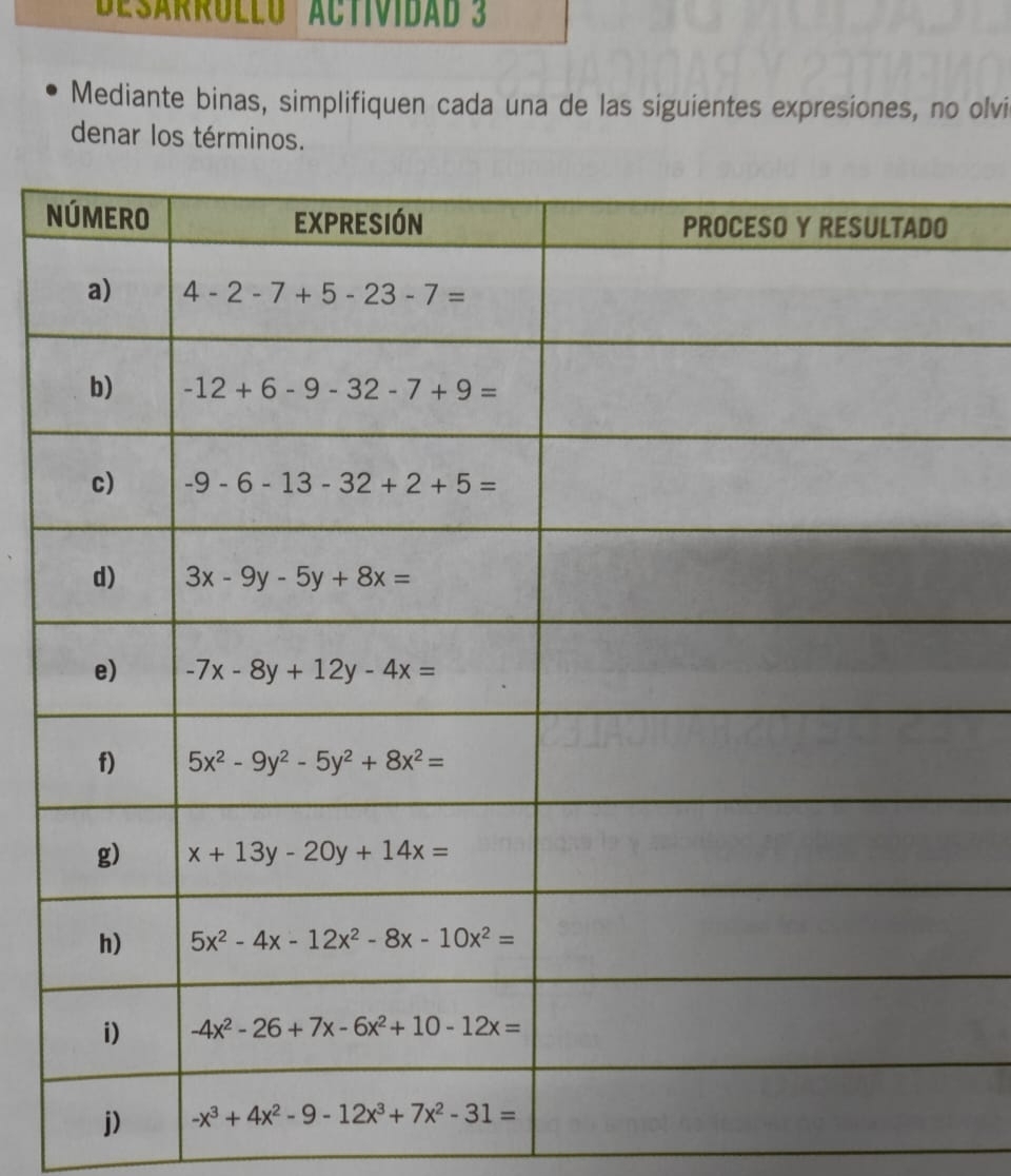 esárrólló Actividad 3
Mediante binas, simplifiquen cada una de las siguientes expresiones, no olvi
denar los términos.
N
j)