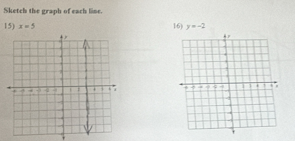 Sketch the graph of each line. 
15) x=5 16) y=-2