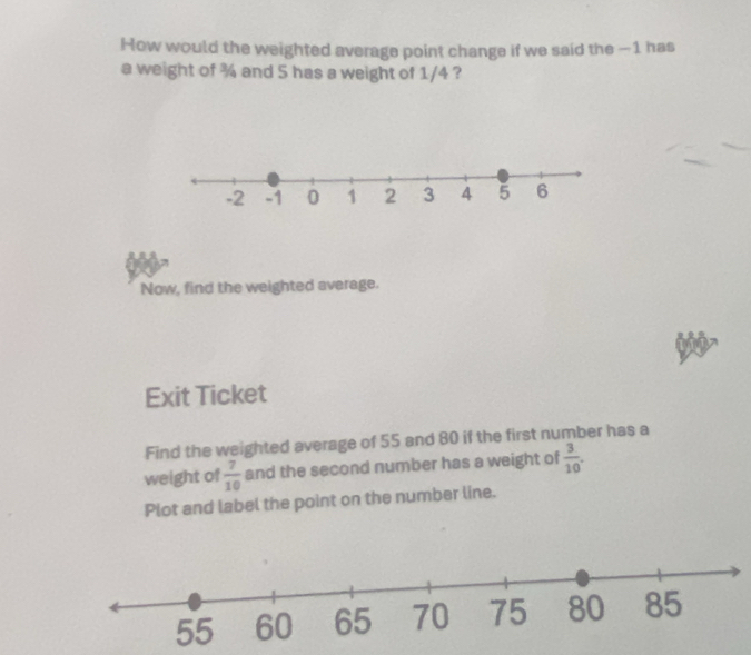 How would the weighted average point change if we said the —1 has 
a weight of ¾ and 5 has a weight of 1/4 ? 
Now, find the weighted average. 
Exit Ticket 
Find the weighted average of 55 and 80 if the first number has a 
weight of  7/10  and the second number has a weight of  3/10 . 
Plot and label the point on the number line.