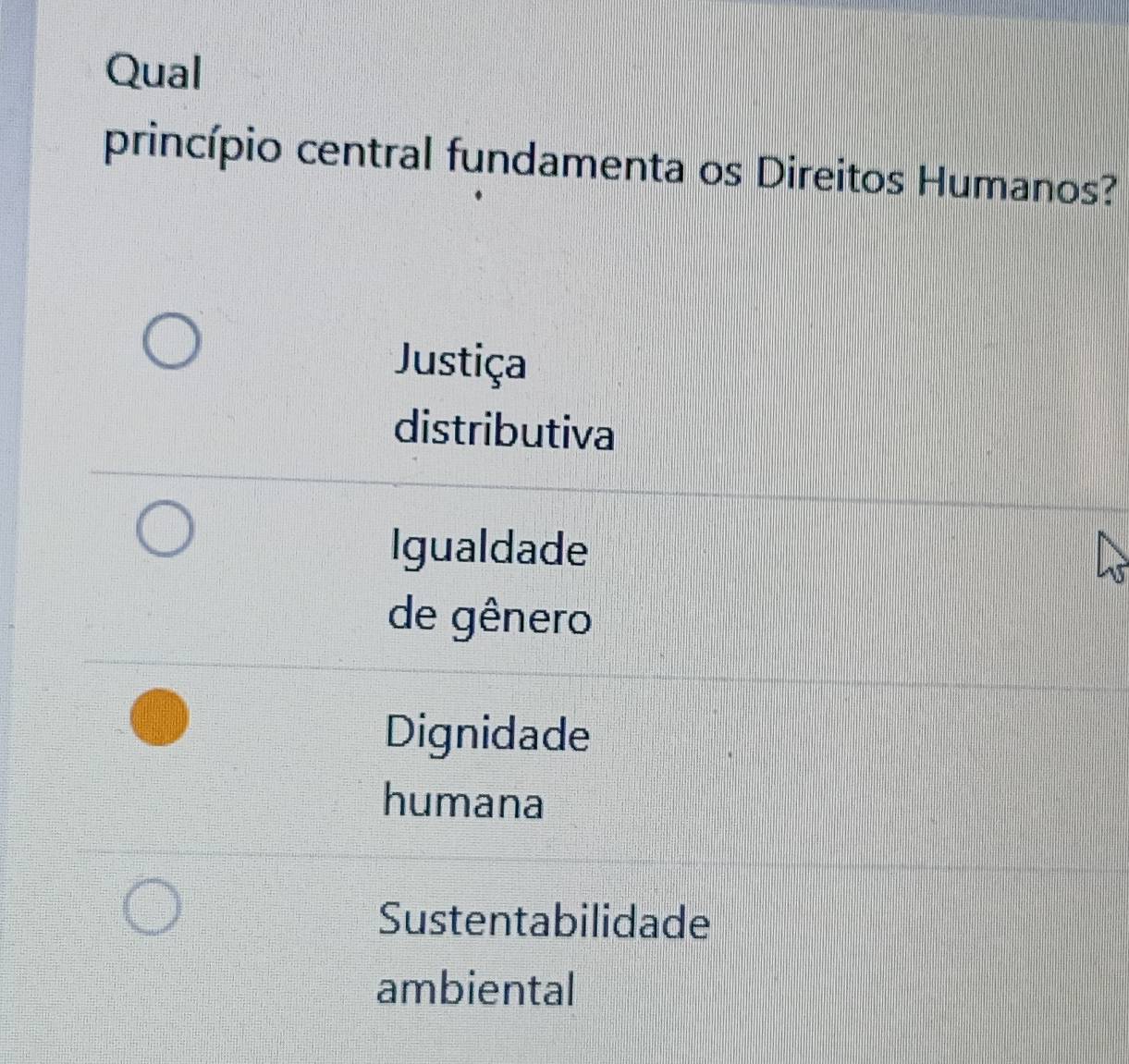 Qual
princípio central fundamenta os Direitos Humanos?
Justiça
distributiva
Igualdade
de gênero
Dignidade
humana
Sustentabilidade
ambiental