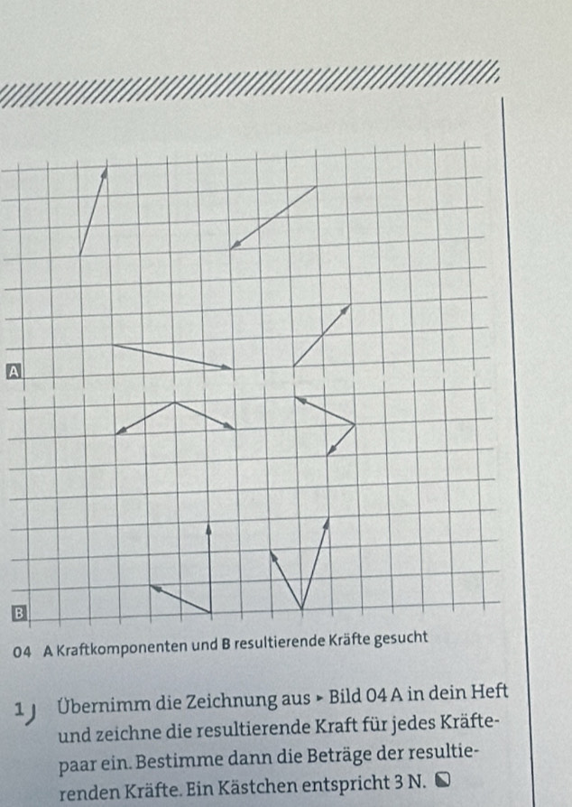 A 
B
04 A Kraftkomponenten und B resultierende Kräfte gesucht 
1 J Übernimm die Zeichnung aus × Bild 04 A in dein Heft 
und zeichne die resultierende Kraft für jedes Kräfte- 
paar ein. Bestimme dann die Beträge der resultie- 
renden Kräfte. Ein Kästchen entspricht 3 N.