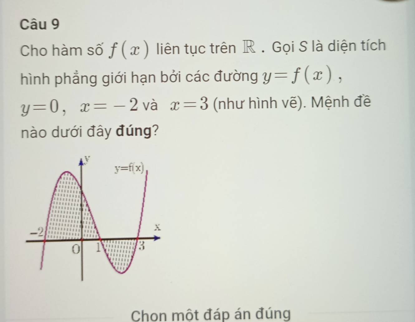 Cho hàm số f(x) liên tục trên R . Gọi S là diện tích
hình phẳng giới hạn bởi các đường y=f(x),
y=0,x=-2 và x=3 (như hình vẽ). Mệnh đề
nào dưới đây đúng?
Chon một đáp án đúng