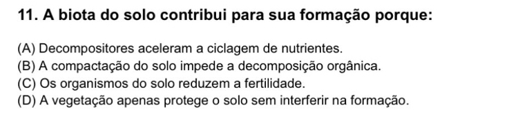 A biota do solo contribui para sua formação porque:
(A) Decompositores aceleram a ciclagem de nutrientes.
(B) A compactação do solo impede a decomposição orgânica.
(C) Os organismos do solo reduzem a fertilidade.
(D) A vegetação apenas protege o solo sem interferir na formação.