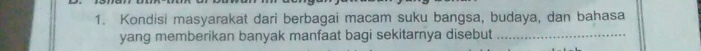 Kondisi masyarakat dari berbagai macam suku bangsa, budaya, dan bahasa 
yang memberikan banyak manfaat bagi sekitarnya disebut_