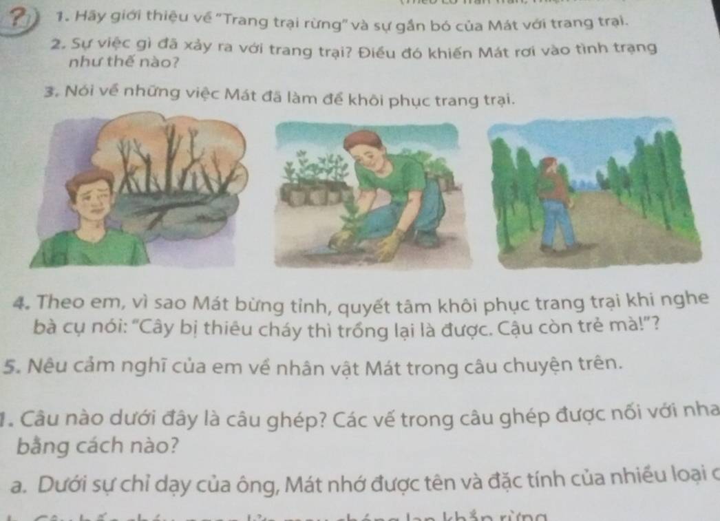 Hầy giới thiệu về 'Trang trại rừng' và sự gần bó của Mát với trang trại.
2. Sự việc gì đã xảy ra với trang trại? Điều đó khiến Mát rơi vào tình trạng
như thế nào?
3. Nói về những việc Mát đã làm để khôi phục trang trại.
4. Theo em, vì sao Mát bừng tỉnh, quyết tâm khôi phục trang trại khi nghe
bà cụ nói: “Cây bị thiêu cháy thì trống lại là được. Cậu còn trẻ mà!”?
5. Nêu cảm nghĩ của em về nhân vật Mát trong câu chuyện trên.
1. Câu nào dưới đây là câu ghép? Các vế trong câu ghép được nối với nha
bằng cách nào?
a. Dưới sự chỉ dạy của ông, Mát nhớ được tên và đặc tính của nhiều loại c