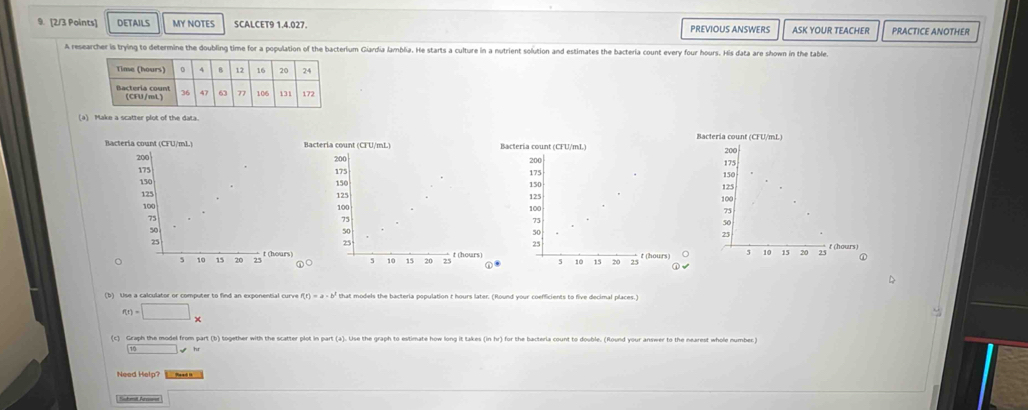 DETAILS MY NOTES SCALCET9 1.4.027. PREVIOUS ANSWERS ASK YOUR TEACHER PRACTICE ANOTHER 
A researcher is trying to determine the doubling time for a population of the bacterium Giardia lamblia. He starts a culture in a nutrient solution and estimates the bacteria count every four hours. His data are shown in the table. 
(a) Make a scatter plot of the data. 
cteria count (CFU/mL)
200 175

125 150

100
75
50
25
5 10 15 20 25 f (hours)
D 
(b) Use a calculator or computer to find an exponential curve f(t)=a-b^t that models the bacteria population t hours later. (Round your coefficients to five decimal places.)
f(r)=□ x
(c) Graph the model from part (b) together with the scatter plot in part (a). Use the graph to estimate how long it takes (in hr) for the bacteria count to double. (Round your answer to the nearest whole number)
10
Need Help? ae 
Submit Anvet