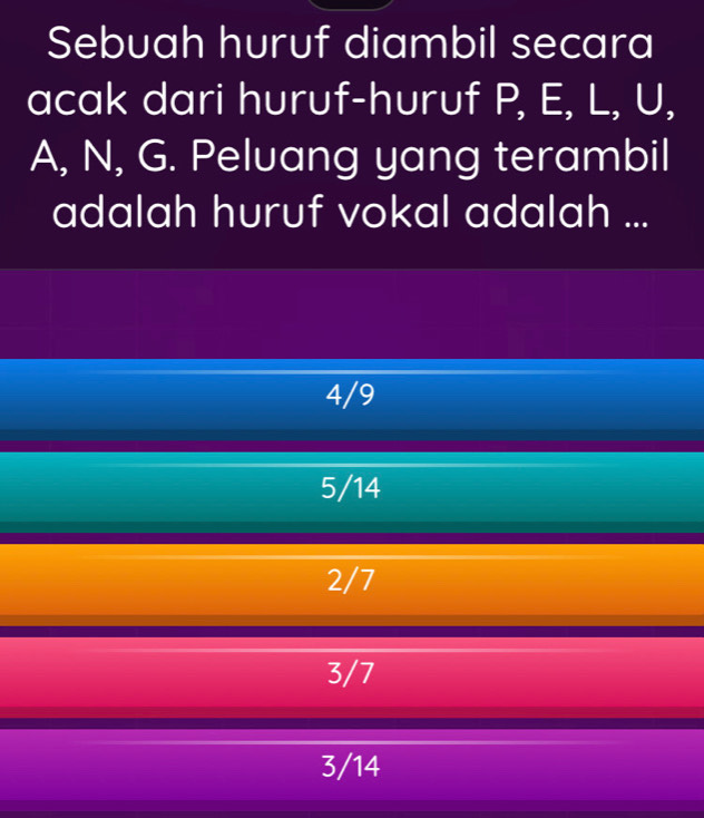 Sebuah huruf diambil secara
acak dari huruf-huruf P, E, L, U,
A, N, G. Peluang yang terambil
adalah huruf vokal adalah ...
4/9
5/14
2/7
3/7
3/14