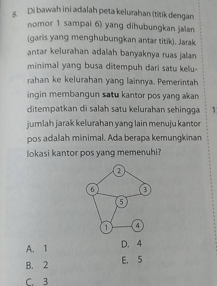 Di bawah ini adalah peta kelurahan (titik dengan
nomor 1 sampai 6) yang dihubungkan jalan
(garis yang menghubungkan antar titik). Jarak
antar kelurahan adalah banyaknya ruas jalan
minimal yang busa ditempuh dari satu kelu-
rahan ke kelurahan yang lainnya. Pemerintah
ingin membangun satu kantor pos yang akan
ditempatkan di salah satu kelurahan sehingga 1
jumlah jarak kelurahan yang lain menuju kantor
pos adalah minimal. Ada berapa kemungkinan
lokasi kantor pos yang memenuhi?
A. 1 D. 4
B. 2
E. 5
C. 3