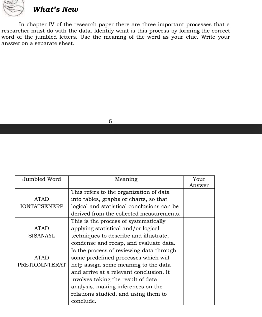 What’s New 
In chapter IV of the research paper there are three important processes that a 
researcher must do with the data. Identify what is this process by forming the correct 
word of the jumbled letters. Use the meaning of the word as your clue. Write your 
answer on a separate sheet. 
5