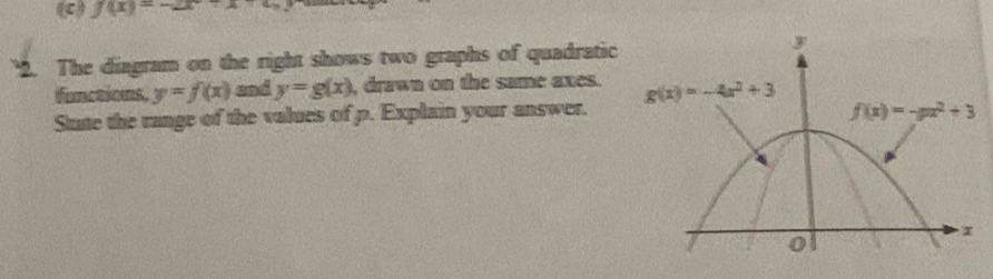 f(x)=-2x+x+
2. The diagram on the right shows two graphs of quadratic
functions. y=f(x) and y=g(x) , drawn on the same axes.
Sute the range of the values of p. Explain your answer.