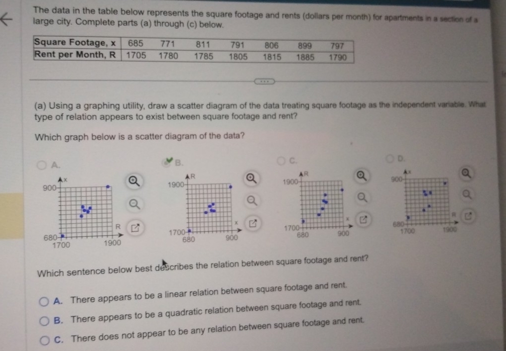 The data in the table below represents the square footage and rents (dollars per month) for apartments in a section of a
large city. Complete parts (a) through (c) below.
(a) Using a graphing utility, draw a scatter diagram of the data treating square footage as the independent variable. What
type of relation appears to exist between square footage and rent?
Which graph below is a scatter diagram of the data?
A.
B.
C.
D.

Which sentence below best describes the relation between square footage and rent?
A. There appears to be a linear relation between square footage and rent.
B. There appears to be a quadratic relation between square footage and rent.
C. There does not appear to be any relation between square footage and rent.
