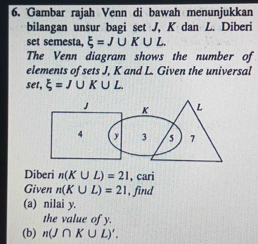 Gambar rajah Venn di bawah menunjukkan 
bilangan unsur bagi set J, K dan L. Diberi 
set semesta, xi =J∪ K∪ L. 
The Venn diagram shows the number of 
elements of sets J, K and L. Given the universal 
set, xi =J∪ K∪ L. 
Diberi n(K∪ L)=21 , cari 
Given n(K∪ L)=21 , find 
(a) nilai y. 
the value of y. 
(b) n(J∩ K∪ L)'.