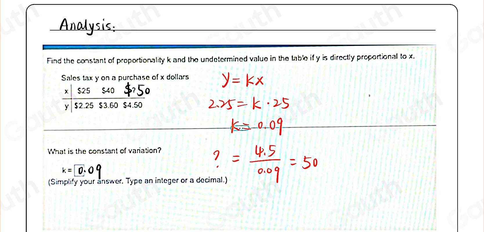 Analysis. 
Find the constant of proportionality k and the undetermined value in the table if y is directly proportional to x. 
Sales tax y on a purchase of x dollars
What is the constant of variation?
k=
(Simplify your answer. Type an integer or a decimal.)