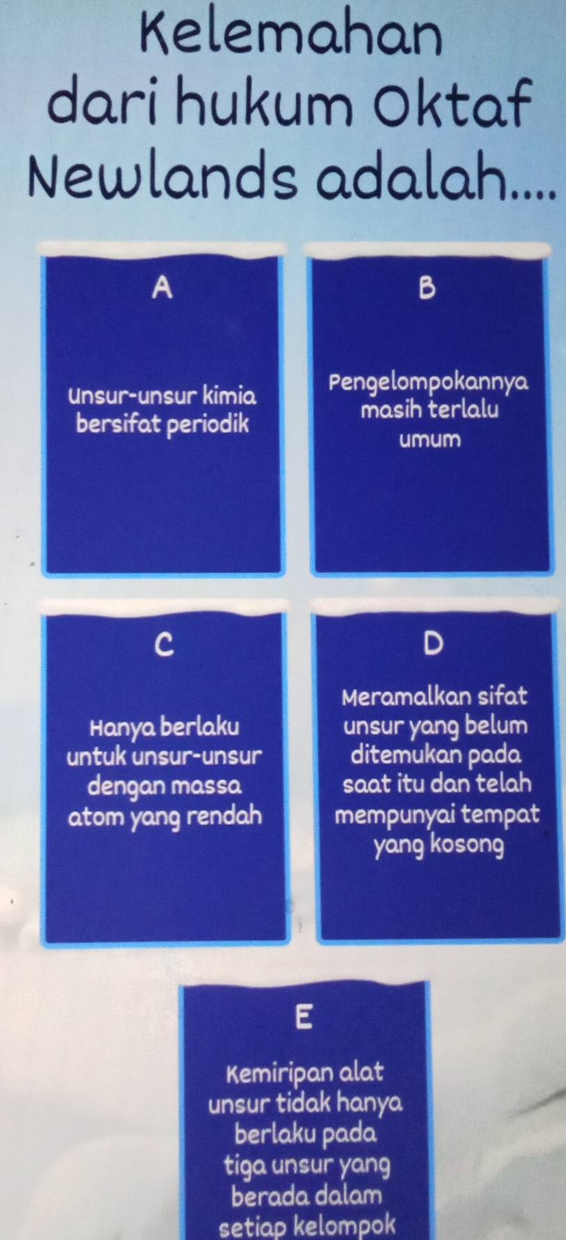 Kelemahan
dari hukum Oktaf
Newlands adalah....
A
B
Unsur-unsur kimia Pengelompokannya
bersifat periodik
masih terlalu
umum
D
Meramalkan sifat
Hanya berlaku unsur yang belum
untuk unsur-unsur ditemukan pada
dengan massa saat itu dan telah
atom yang rendah mempunyai tempat
yang kosong
E
Kemiripan alat
unsur tidak hanya
berlaku pada
tiga unsur yang
berada dalam
setiap kelompok