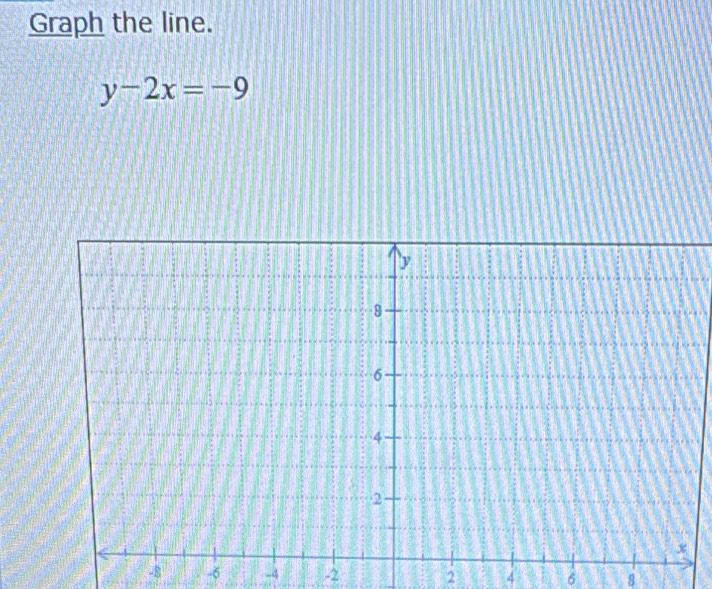 Graph the line.
y-2x=-9
-8 -6 -4 -2 2 4 6 8