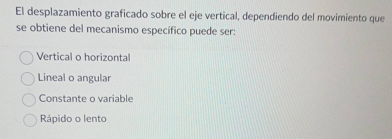 El desplazamiento graficado sobre el eje vertical, dependiendo del movimiento que
se obtiene del mecanismo específico puede ser:
Vertical o horizontal
Lineal o angular
Constante o variable
Rápido o lento