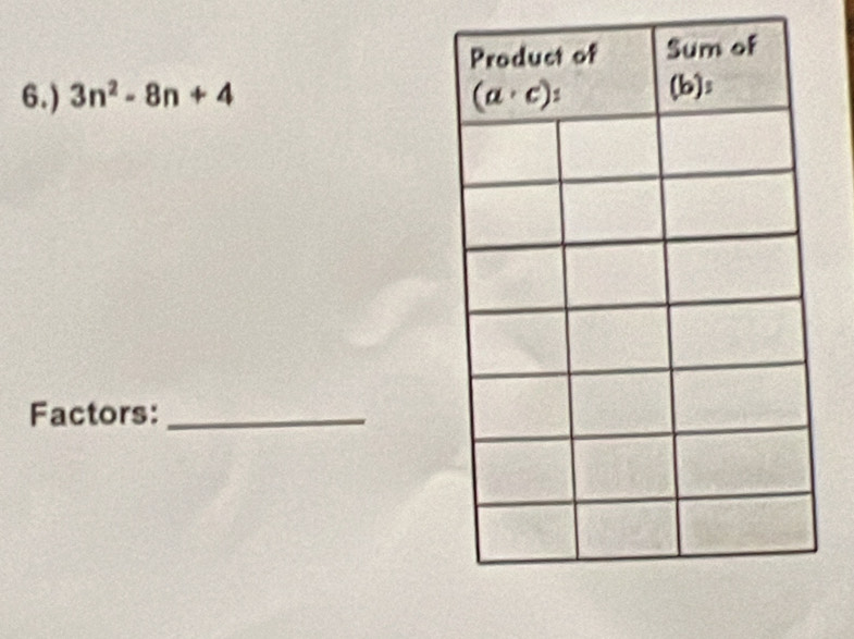 6.) 3n^2-8n+4
Factors:_