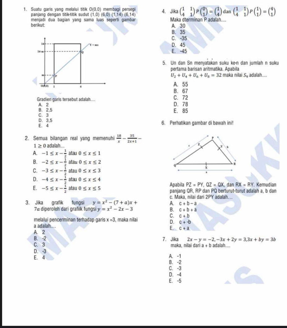 Suatu garis yang melalui titik O(0,0) membagi persegi 4. Jika beginpmatrix 1&1 4&1endpmatrix Pbeginpmatrix 0 1endpmatrix =beginpmatrix 1 4endpmatrix danbeginpmatrix 1&1 4&1endpmatrix Pbeginpmatrix 1 1endpmatrix =beginpmatrix 4 1endpmatrix
panjang dengan titik-titik sudut (1,0)(6,0)(1,14)(6,14)
menjadi dua bagian yang sama luas seperti gambar Maka dterminan P adalah....
berikut: A. 30
B. 35
C. -35
D. 45
E. -45
5. Un dan Sn menyatakan suku ke-n dan jumlah n suku
pertama barisan aritmatika. Apabila
U_2+U_4+U_6+U_8=32
maka nilai S_9 adalah....
A. 55
B. 67
Gradien garis tersebut adalah.... C. 72
A. 2 D. 78
B. 2,5 E. 85
C. 3
D. 3,5
E. 4 6. Perhatikan gambar di bawah ini!
2. Semua bilangan real yang memenuhi  18/x - 35/2x+1 -
1≥ 0 adalah...
A. -1≤ x- 1/2  atau 0≤ x≤ 1
B. -2≤ x- 1/2  atau 0≤ x≤ 2
C. -3≤ x- 1/2  atau 0≤ x≤ 3
D. -4≤ x- 1/2  atau 0≤ x≤ 4
E. -5≤ x- 1/2  atau 0≤ x≤ 5 Apabila PZ=PY,OZ=QX , dan RX=RY Kemudian
panjang QR, RP dan PQ berturut-turut adalah a, b dan
c. Maka, nilai dari 2PY adalah…..
3. Jika grafik fungsi y=x^2-(7+a)x+ A. c+b-a
7a diperoleh dari grafiik fungsi y=x^2-2x-3 B. c+b+a
C. c+b
melalui pencerminan terhadap garis x=3 , maka nilai D. c+-b
a adalah....
E. c+a
A. 2
B. -2 7. Jika 2x-y=-2,-3x+2y=3,3x+by=3b
C. 3 maka, nilai dari a+b adalah....
D. -3
A. -1
E. 4 B. -2
C. -3
D. -4
E. -5