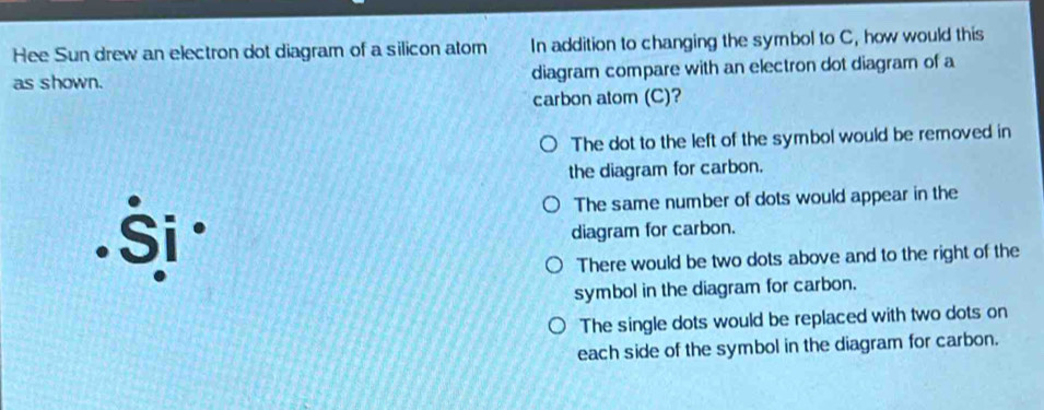 Hee Sun drew an electron dot diagram of a silicon atom In addition to changing the symbol to C, how would this
as shown. diagram compare with an electron dot diagram of a
carbon atom (C)?
The dot to the left of the symbol would be removed in
the diagram for carbon.
The same number of dots would appear in the
Si
diagram for carbon.
There would be two dots above and to the right of the
symbol in the diagram for carbon.
The single dots would be replaced with two dots on
each side of the symbol in the diagram for carbon.