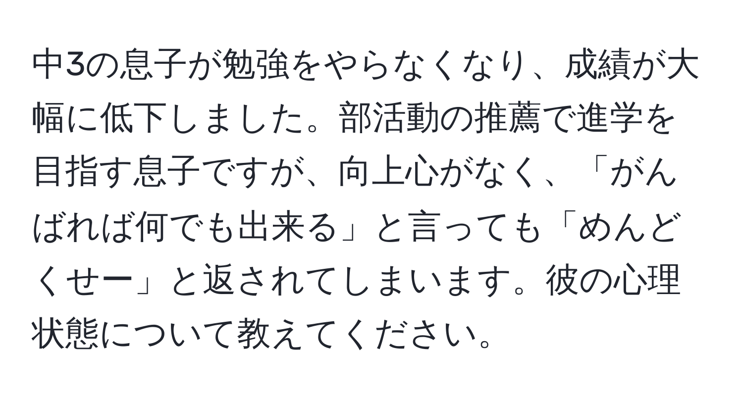 中3の息子が勉強をやらなくなり、成績が大幅に低下しました。部活動の推薦で進学を目指す息子ですが、向上心がなく、「がんばれば何でも出来る」と言っても「めんどくせー」と返されてしまいます。彼の心理状態について教えてください。